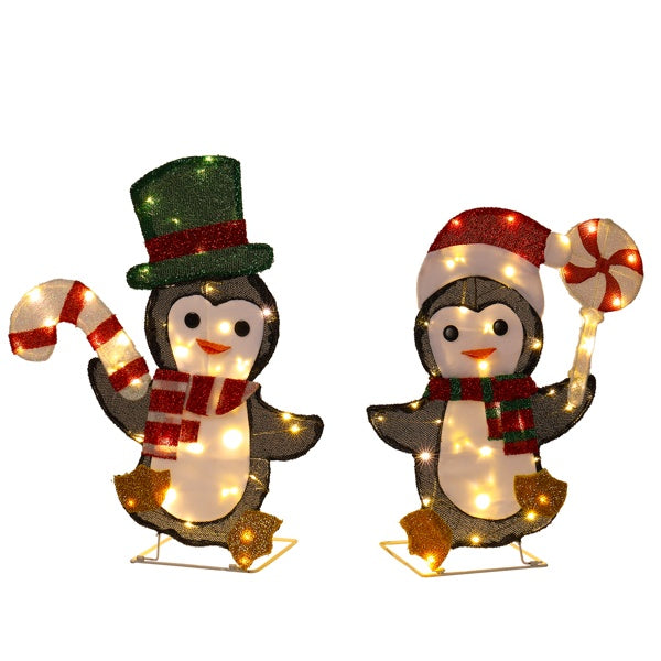 Set Of 2 Lighted Penguin And Candy Cane Christmas Decorations, Pre-lit 2D Holiday Decor With 80 Warm White LED Lights For Xmas Outdoor Indoor Decor Lighted Holiday Displays