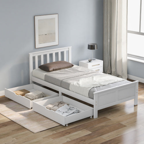 Wooden Solid White Pine Storage Bed With Drawers Bed Furniture Frame For Adults, Kids, Teenagers 3ft Single White 190x90cm