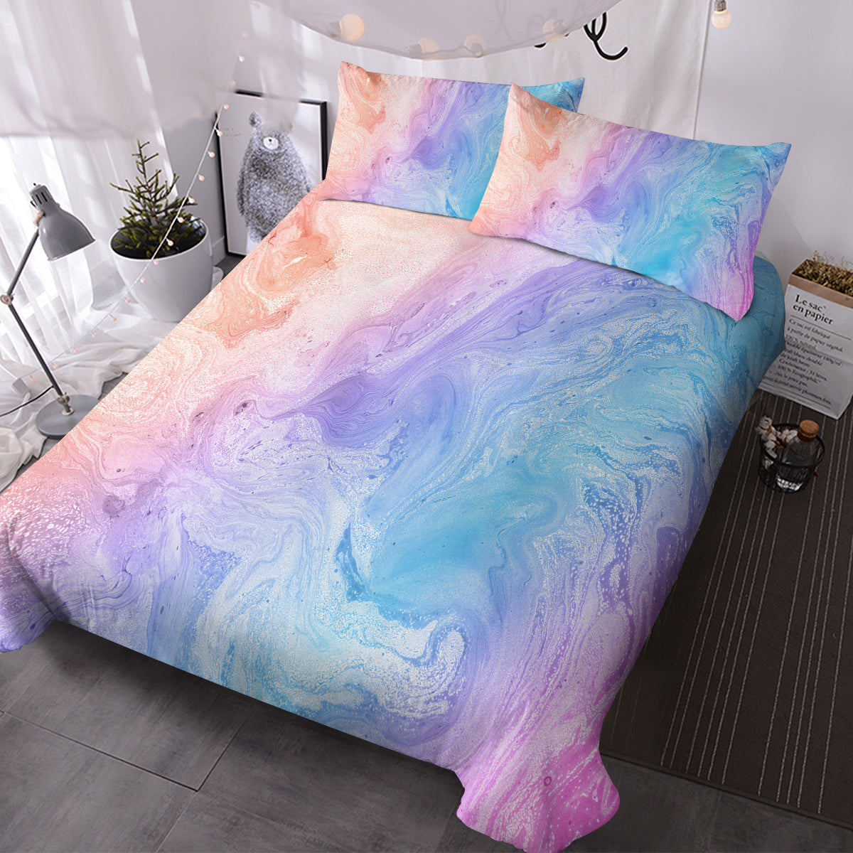 Girly Duvet Cover Rainbow Glitter Ombre Bedding Sets 3 Pcs Chic Purple Blue Green Pastel Bed Spreads Sparkle Quilt Cover Set With 2 Pillow Shams