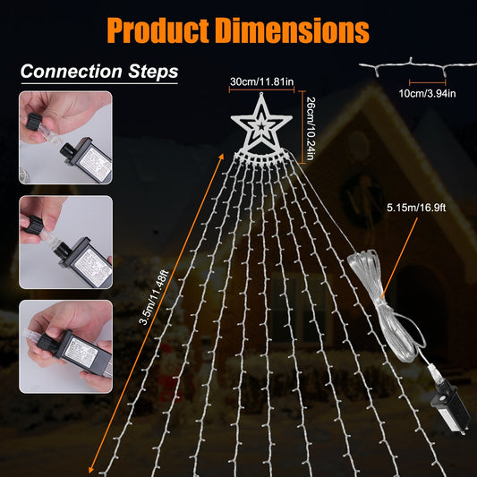 11.48FT 350LED Multicolored Christmas Star Waterfall Tree String Light Indoor Outdoor Waterproof String Lights With Star Topper 8 Light Modes Memory Function For Holiday Wedding Yard Party Home