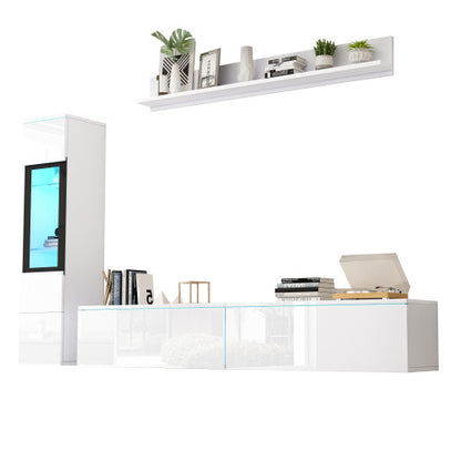 Set Of 3 TV Wall Unit, LED TV Stand, High Gloss TV Cabinet, White Living Room Furniture Sets Frontal Wall Unit, 1 X TV Cabinet, 1 X Living Room Display Cabinet, 1 X Hanging Shelf