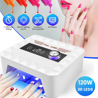 1Pc 120W Cordless UV Nail Lamp Rechargeable Gel Curing Lamp Gel Polish Light Nail Dryer With LED Display 1S To 120S Timer Settings 30 LED Beads For Salon And Home