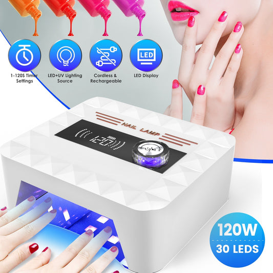 1Pc 120W Cordless UV Nail Lamp Rechargeable Gel Curing Lamp Gel Polish Light Nail Dryer With LED Display 1S To 120S Timer Settings 30 LED Beads For Salon And Home