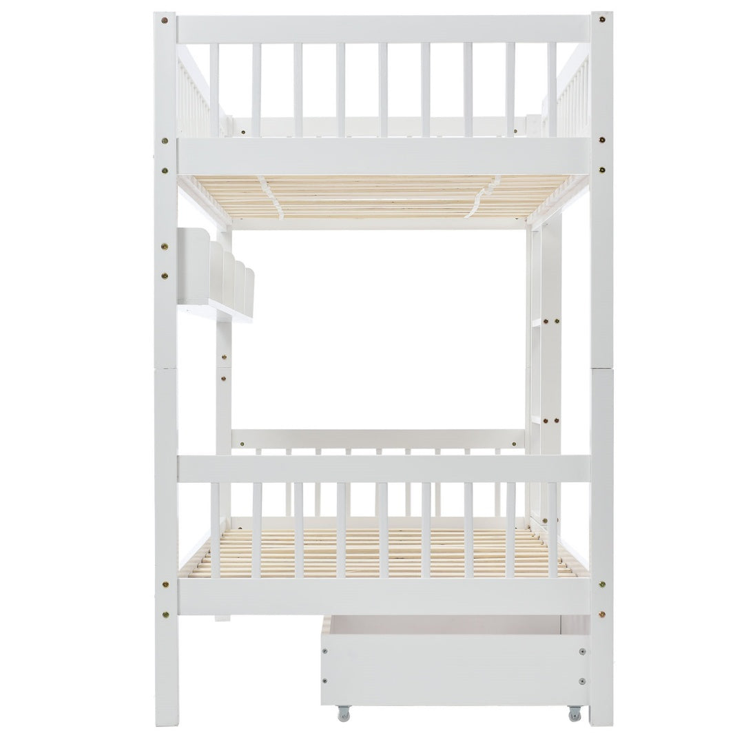 Bunk Bed, Kids Children, 3FT Solid Pine Wood Single Bed Frame & Under Bed Slide Drawer Storage, With Shelf, White 90x190cm