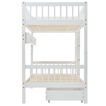 Bunk Bed, Kids Children, 3FT Solid Pine Wood Single Bed Frame & Under Bed Slide Drawer Storage, With Shelf, White 90x190cm