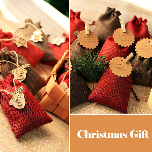 24 Pieces Christmas Advent Calendar Bags With Clips And String -Festive DIY Countdown Gift Bags For Candies, Toys And Holiday Decorations, Numbered From 1 To 24, Featuring Santa, Snowmen And Gingerbr