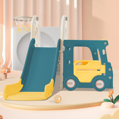 Children's Slide. 4-in-1 Kids Slide Set Including Bus, Slide, Activity Ladder, Basketball Hoop And Matching Basketball. Made Of High Density Polyethylene.