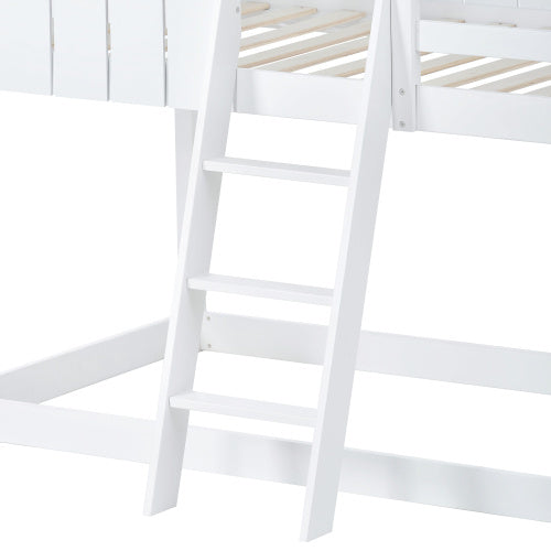 Wooden Bunk Bed, Loft Bed With Ladder And Guard Rail, Mid-Sleeper Cabin Bed, 3 FT Single Treehouse Canopy, Shaped With Space-Saving Design For Children& Kids Home White-90x190 Cm