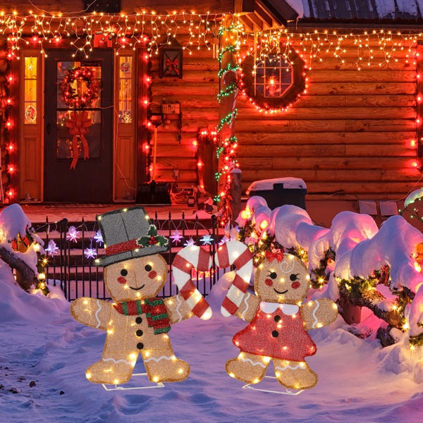 Set Of 2 Lighted Gingerbread Man And Candy Cane Christmas Decorations, Pre-lit 2D Holiday Decor With 80 Warm White LED Lights For Xmas Outdoor Indoor Decor Lighted Holiday Displays