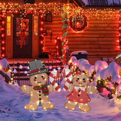 Set Of 2 Lighted Gingerbread Man And Candy Cane Christmas Decorations, Pre-lit 2D Holiday Decor With 80 Warm White LED Lights For Xmas Outdoor Indoor Decor Lighted Holiday Displays