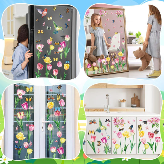 Window Stickers Spring Self-Adhesive 9 Sheets Spring Flowers Butterfly Window Stickers Double Sided Window Stickers Spring Hummingbird Window Stickers For Window Decoration Spring,415-10032-KG