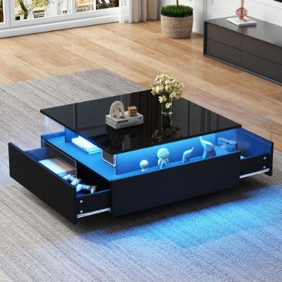 Coffee Table With Storage For Living Room, Modern LED Coffee Table, Square Tea Table With 2 Sliding Drawers Wood Center Table Acrylic Glass Coffee Table