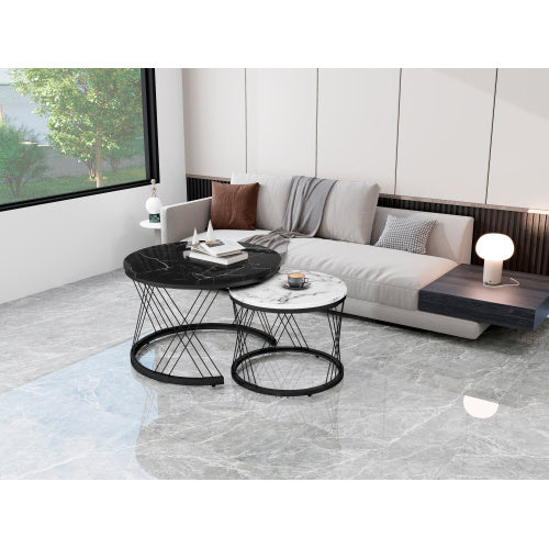 Round Coffee Table, Modern Coffee Table Set Of 2 Marble Pattern Top With Metal Frame, Small Side Table, End Table For Living Room, Bedroom, Home Office, Farmhouse, White And Black