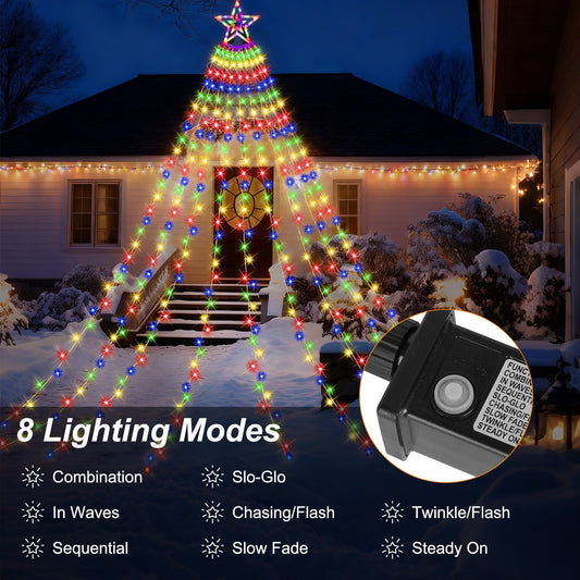 11.48FT 350LED Multicolored Christmas Star Waterfall Tree String Light Indoor Outdoor Waterproof String Lights With Star Topper 8 Light Modes Memory Function For Holiday Wedding Yard Party Home