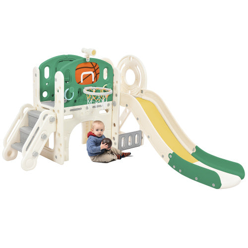 Children's Combo Slide, Features A Long Slide, Storage Box, Tunnel. Stair Ladder, Basketball Hoop And Passage Area.Toddler Slide. Easy Assembly And Convenient Storage. High-Quality Materials-HDPE.