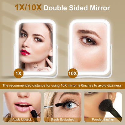 1Pc 10X Magnifying Lighted Makeup Mirror Double Sided Travel Makeup Mirror With 3 Light Colors Touch Screen USB Rechargeable
