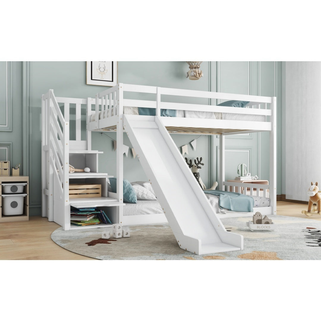 Bunk Bed With Stairs And Slide, Solid Pine Wood Frame, Children Bed, Storage Stairs, 90x190cm, White