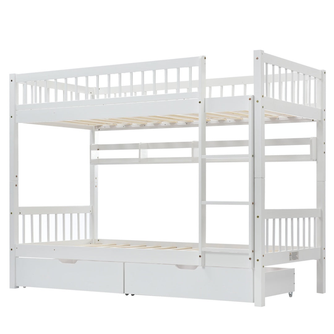 Bunk Bed, Kids Children, 3FT Solid Pine Wood Single Bed Frame & Under Bed Slide Drawer Storage, With Shelf, White 90x190cm