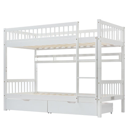 Bunk Bed, Kids Children, 3FT Solid Pine Wood Single Bed Frame & Under Bed Slide Drawer Storage, With Shelf, White 90x190cm