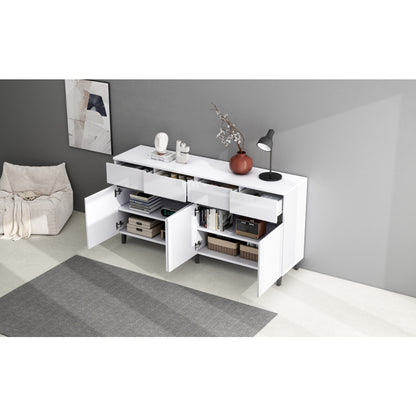 Storage Cabinet, Sideboard Buffet With 4 Drawers 4 Doors , Highboard Cabinet With Adjustable Shelves, Chest Of Drawers, Standing Cabinet, Cupboard Buffet For Living Room, Kitchen, 160X40X68cm, White