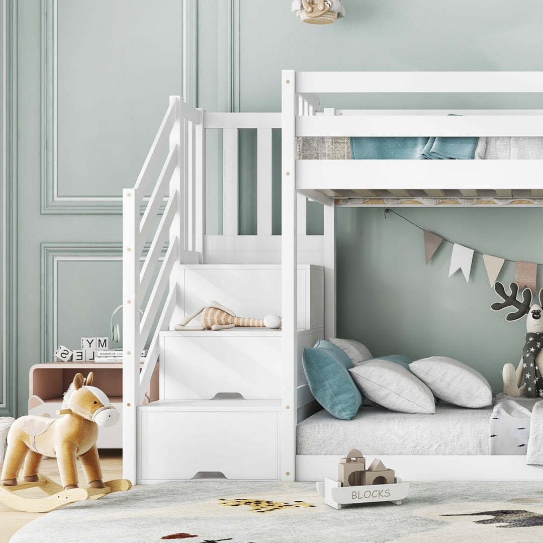Bunk Bed With Stairs And Slide, Solid Pine Wood Frame, Children Bed, Storage Stairs, 90x190cm, White