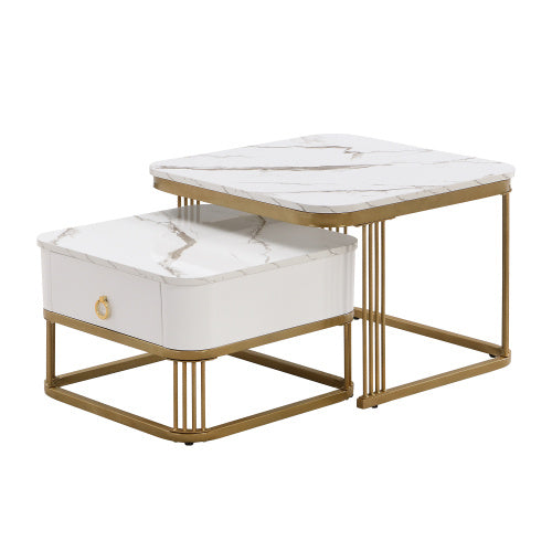 Nestable Coffee Table High Gloss Marble Exterior, Gold Accents, Side Table With Drawer. Set Of Two