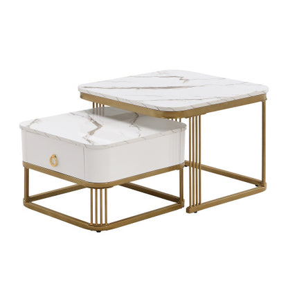 Nestable Coffee Table High Gloss Marble Exterior, Gold Accents, Side Table With Drawer. Set Of Two