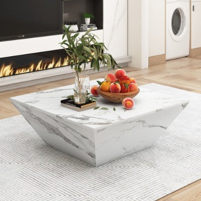 Marbling Veneer  PVC Coffee Table For Living Room Tea Table Large Side Table With 2 Cabinet White Square Nesting Table Side Table Wooden Centre Table Console Sofa Table With Storage 70x70x36cm