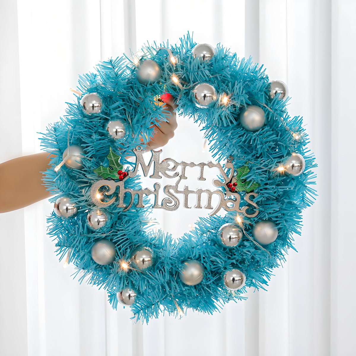 1 Piece Of 24-inch Blue-themed Garland, With Silver Balls And Christmas Letter Accessories, Optionally With Lights