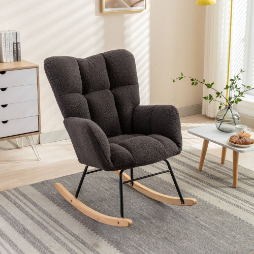 New Modern Teddy Fabric Tufted Upholstered Rocking Chair With Pull-out Footrest