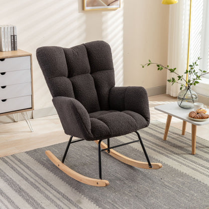 New Modern Teddy Fabric Tufted Upholstered Rocking Chair With Pull-out Footrest