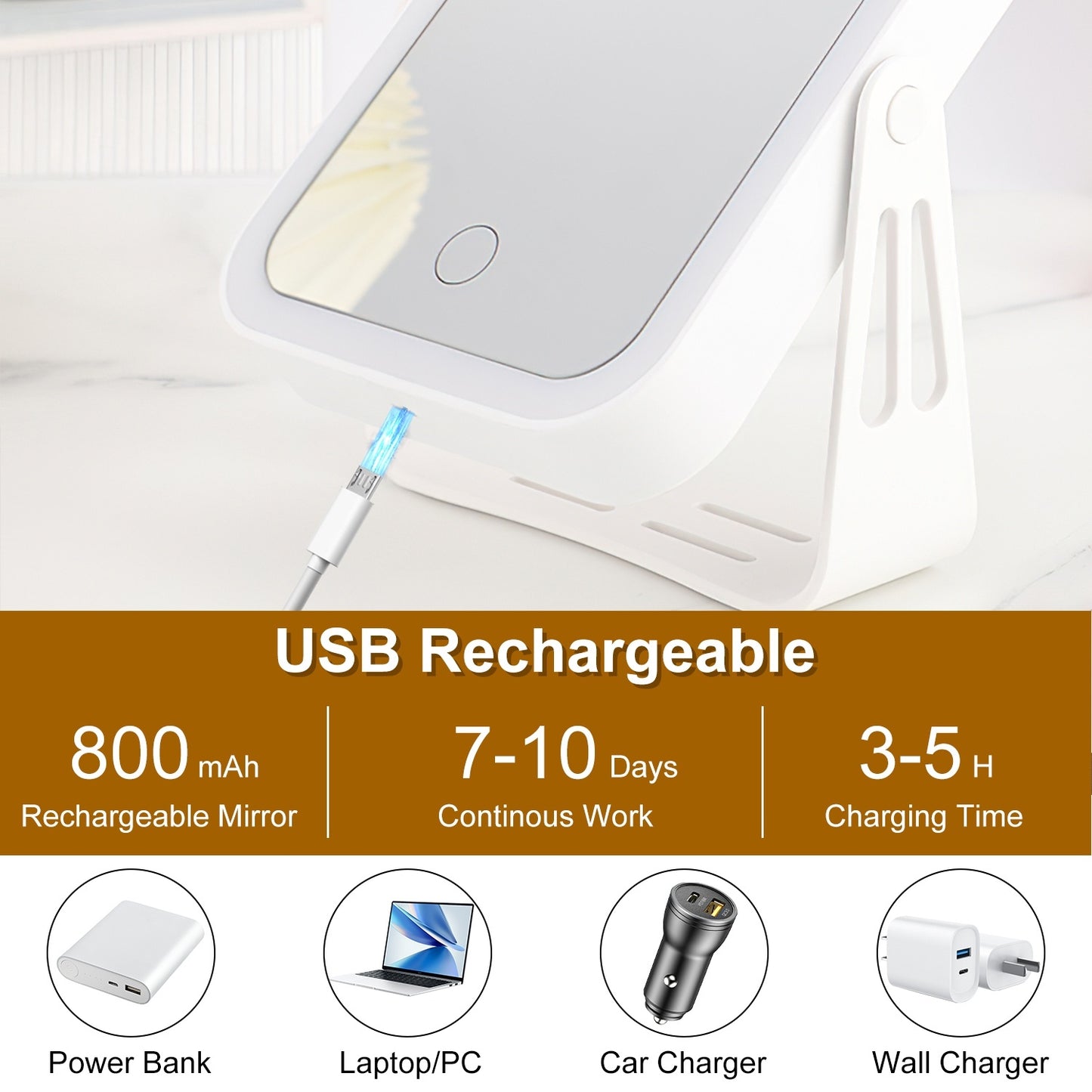 1Pc 10X Magnifying Lighted Makeup Mirror Double Sided Travel Makeup Mirror With 3 Light Colors Touch Screen USB Rechargeable