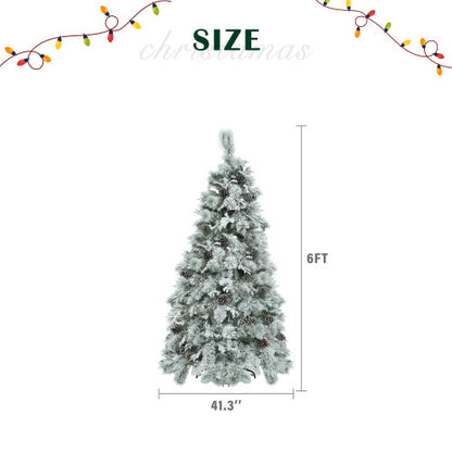 6FT Pre-Lit Spruce Snow Flocked Christmas Tree With Pine Cones, Artificial Xmas Tree With 403 Branch Tips,Mixed PE  PVC Branches, 250 Multi-Color LED Lights, 11 Flashing Modes, Holiday Decor