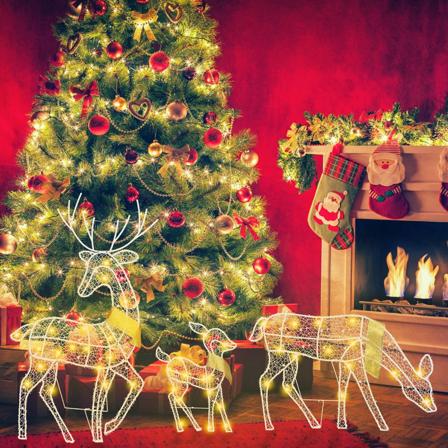 3 Sets Of Reindeer Family Lighted 2D Christmas Deer Decoration Warm Yellow Light 3 Lighting Modes Buck Doe Fawn Indoor Outdoor Christmas Decoration