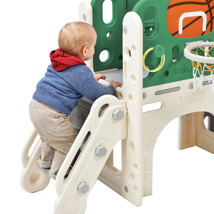 Children's Combo Slide, Features A Long Slide, Storage Box, Tunnel. Stair Ladder, Basketball Hoop And Passage Area.Toddler Slide. Easy Assembly And Convenient Storage. High-Quality Materials-HDPE.