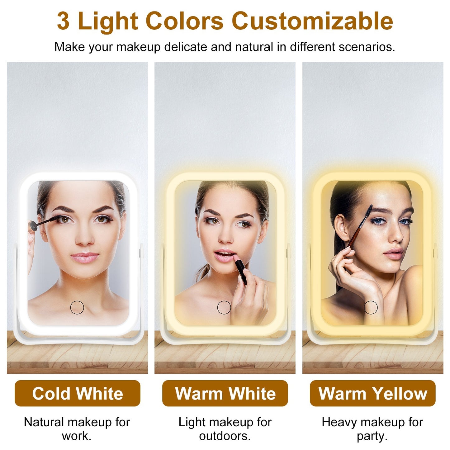 1Pc 10X Magnifying Lighted Makeup Mirror Double Sided Travel Makeup Mirror With 3 Light Colors Touch Screen USB Rechargeable