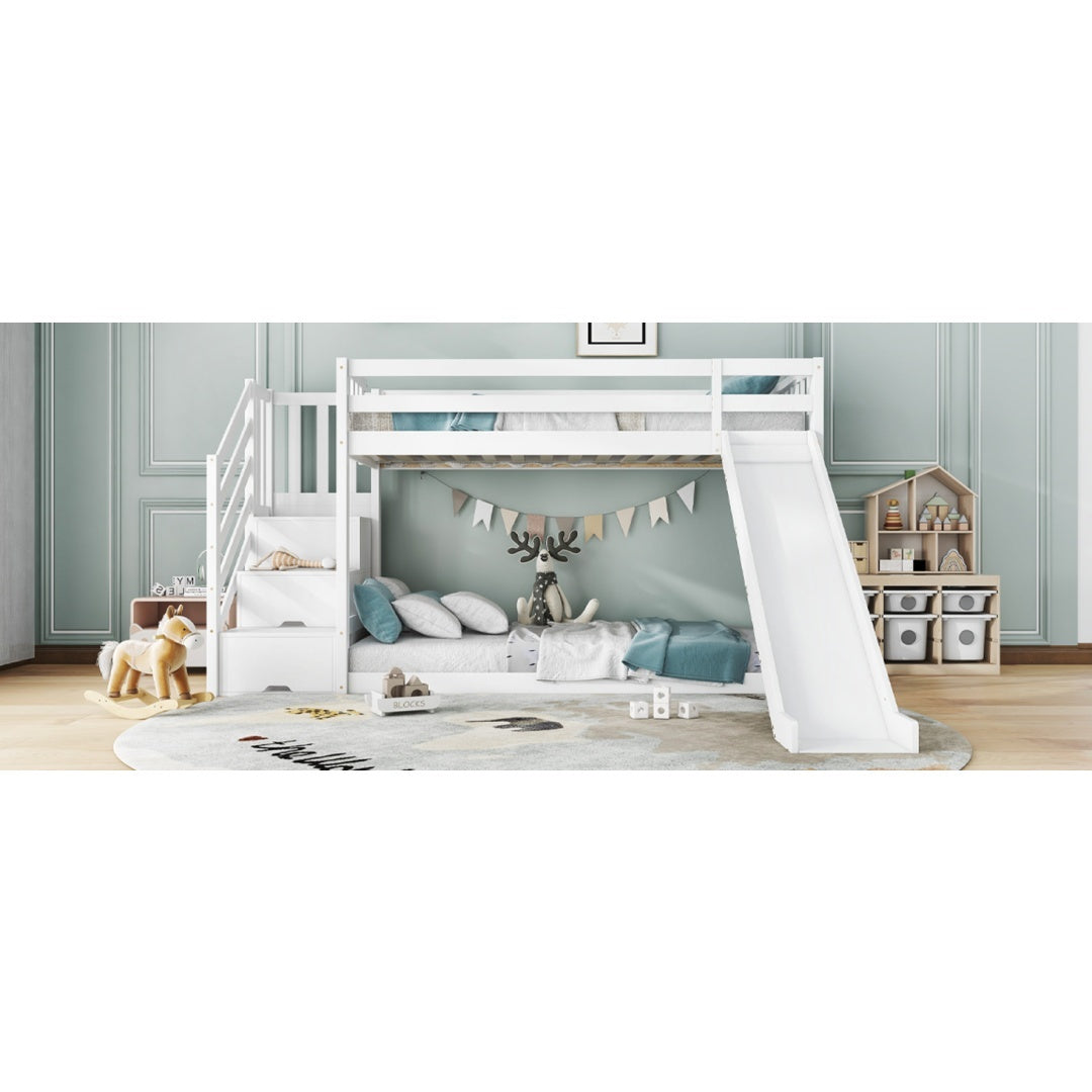 Bunk Bed With Stairs And Slide, Solid Pine Wood Frame, Children Bed, Storage Stairs, 90x190cm, White