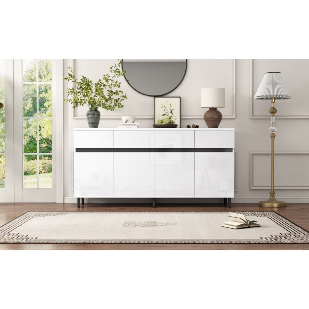 Storage Cabinet, Sideboard Buffet With 4 Drawers 4 Doors , Highboard Cabinet With Adjustable Shelves, Chest Of Drawers, Standing Cabinet, Cupboard Buffet For Living Room, Kitchen, 160X40X68cm, White